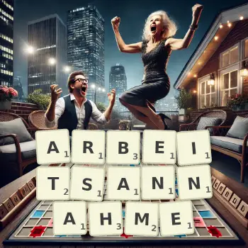 Kreative Illustration für ein Scrabble-Spiel, bei dem das Wort ARBEITSANNAHME mit Steinen auf dem Brett gelegt wurde.