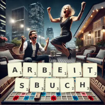 Kreative Illustration für ein Scrabble-Spiel, bei dem das Wort ARBEITSBUCH mit Steinen auf dem Brett gelegt wurde.