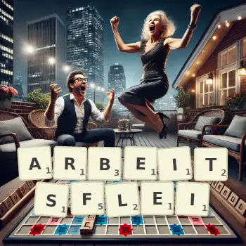 Kreative Illustration für ein Scrabble-Spiel, bei dem das Wort ARBEITSFLEI mit Steinen auf dem Brett gelegt wurde.