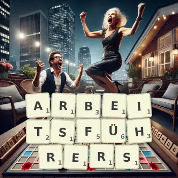 Kreative Illustration für ein Scrabble-Spiel, bei dem das Wort ARBEITSFÜHRERS mit Steinen auf dem Brett gelegt wurde.