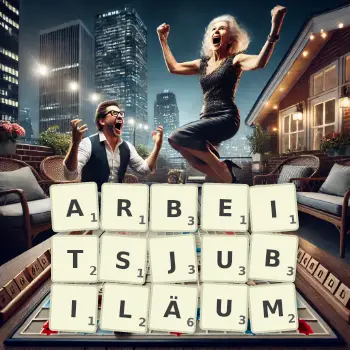 Kreative Illustration für ein Scrabble-Spiel, bei dem das Wort ARBEITSJUBILÄUM mit Steinen auf dem Brett gelegt wurde.