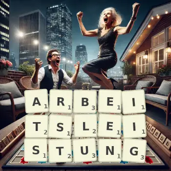 Kreative Illustration für ein Scrabble-Spiel, bei dem das Wort ARBEITSLEISTUNG mit Steinen auf dem Brett gelegt wurde.