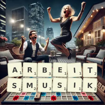 Kreative Illustration für ein Scrabble-Spiel, bei dem das Wort ARBEITSMUSIK mit Steinen auf dem Brett gelegt wurde.