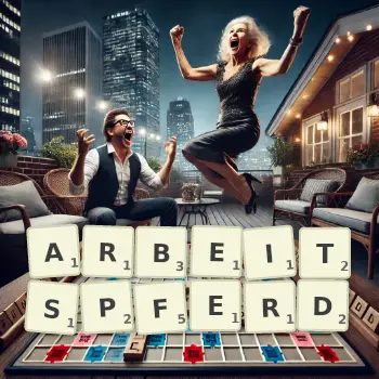 Kreative Illustration für ein Scrabble-Spiel, bei dem das Wort ARBEITSPFERD mit Steinen auf dem Brett gelegt wurde.