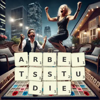 Kreative Illustration für ein Scrabble-Spiel, bei dem das Wort ARBEITSSTUDIE mit Steinen auf dem Brett gelegt wurde.
