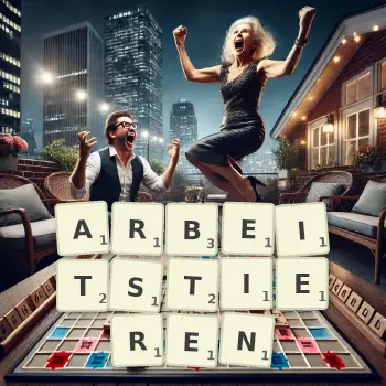 Kreative Illustration für ein Scrabble-Spiel, bei dem das Wort ARBEITSTIEREN mit Steinen auf dem Brett gelegt wurde.