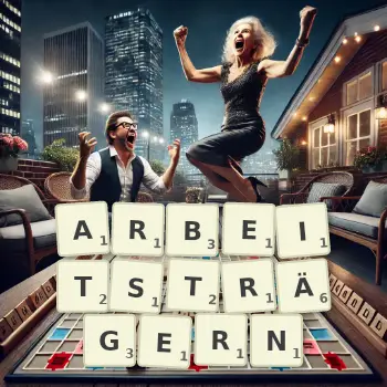 Kreative Illustration für ein Scrabble-Spiel, bei dem das Wort ARBEITSTRÄGERN mit Steinen auf dem Brett gelegt wurde.