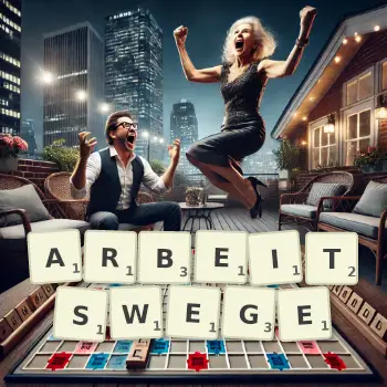Kreative Illustration für ein Scrabble-Spiel, bei dem das Wort ARBEITSWEGE mit Steinen auf dem Brett gelegt wurde.