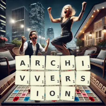 Kreative Illustration für ein Scrabble-Spiel, bei dem das Wort ARCHIVVERSION mit Steinen auf dem Brett gelegt wurde.