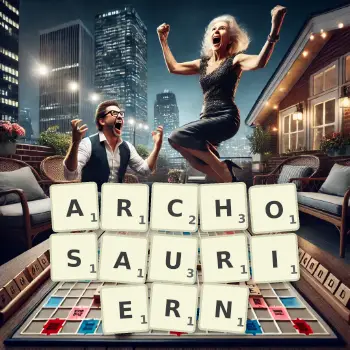 Kreative Illustration für ein Scrabble-Spiel, bei dem das Wort ARCHOSAURIERN mit Steinen auf dem Brett gelegt wurde.