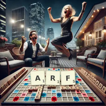 Kreative Illustration für ein Scrabble-Spiel, bei dem das Wort ARF mit Steinen auf dem Brett gelegt wurde.