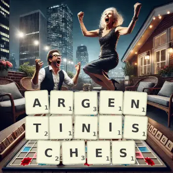 Kreative Illustration für ein Scrabble-Spiel, bei dem das Wort ARGENTINISCHES mit Steinen auf dem Brett gelegt wurde.