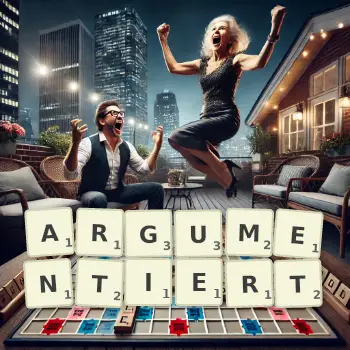 Kreative Illustration für ein Scrabble-Spiel, bei dem das Wort ARGUMENTIERT mit Steinen auf dem Brett gelegt wurde.