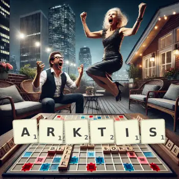 Kreative Illustration für ein Scrabble-Spiel, bei dem das Wort ARKTIS mit Steinen auf dem Brett gelegt wurde.
