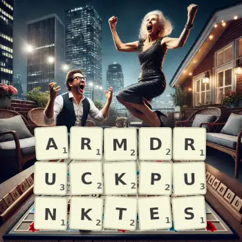 Kreative Illustration für ein Scrabble-Spiel, bei dem das Wort ARMDRUCKPUNKTES mit Steinen auf dem Brett gelegt wurde.