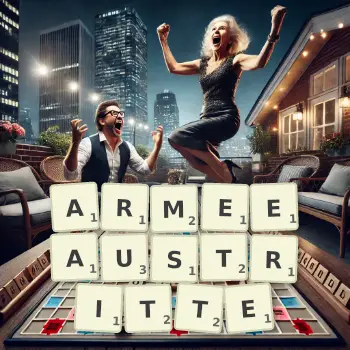 Kreative Illustration für ein Scrabble-Spiel, bei dem das Wort ARMEEAUSTRITTE mit Steinen auf dem Brett gelegt wurde.