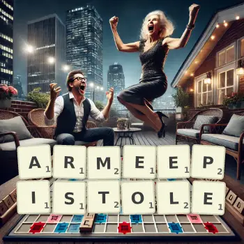 Kreative Illustration für ein Scrabble-Spiel, bei dem das Wort ARMEEPISTOLE mit Steinen auf dem Brett gelegt wurde.