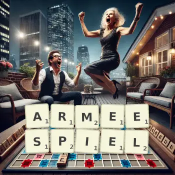 Kreative Illustration für ein Scrabble-Spiel, bei dem das Wort ARMEESPIEL mit Steinen auf dem Brett gelegt wurde.