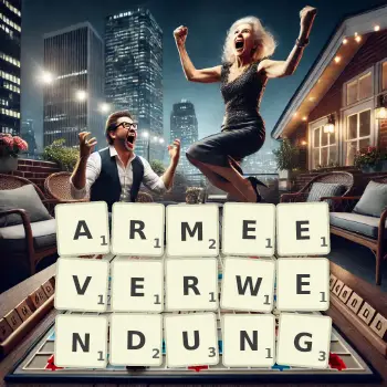 Kreative Illustration für ein Scrabble-Spiel, bei dem das Wort ARMEEVERWENDUNG mit Steinen auf dem Brett gelegt wurde.