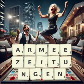 Kreative Illustration für ein Scrabble-Spiel, bei dem das Wort ARMEEZEITUNGEN mit Steinen auf dem Brett gelegt wurde.