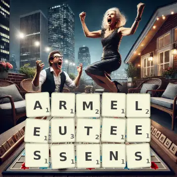Kreative Illustration für ein Scrabble-Spiel, bei dem das Wort ARMELEUTEESSENS mit Steinen auf dem Brett gelegt wurde.