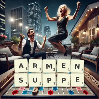 Kreative Illustration für ein Scrabble-Spiel, bei dem das Wort ARMENSUPPE mit Steinen auf dem Brett gelegt wurde.