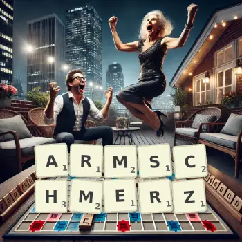 Kreative Illustration für ein Scrabble-Spiel, bei dem das Wort ARMSCHMERZ mit Steinen auf dem Brett gelegt wurde.
