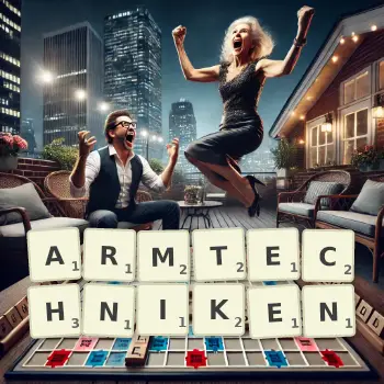 Kreative Illustration für ein Scrabble-Spiel, bei dem das Wort ARMTECHNIKEN mit Steinen auf dem Brett gelegt wurde.