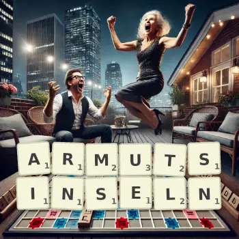 Kreative Illustration für ein Scrabble-Spiel, bei dem das Wort ARMUTSINSELN mit Steinen auf dem Brett gelegt wurde.