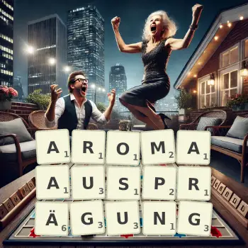 Kreative Illustration für ein Scrabble-Spiel, bei dem das Wort AROMAAUSPRÄGUNG mit Steinen auf dem Brett gelegt wurde.