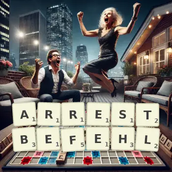 Kreative Illustration für ein Scrabble-Spiel, bei dem das Wort ARRESTBEFEHL mit Steinen auf dem Brett gelegt wurde.