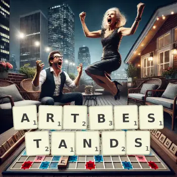 Kreative Illustration für ein Scrabble-Spiel, bei dem das Wort ARTBESTANDS mit Steinen auf dem Brett gelegt wurde.