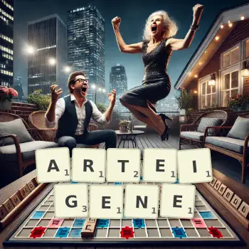 Kreative Illustration für ein Scrabble-Spiel, bei dem das Wort ARTEIGENE mit Steinen auf dem Brett gelegt wurde.