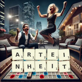 Kreative Illustration für ein Scrabble-Spiel, bei dem das Wort ARTEINHEIT mit Steinen auf dem Brett gelegt wurde.