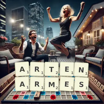 Kreative Illustration für ein Scrabble-Spiel, bei dem das Wort ARTENARMES mit Steinen auf dem Brett gelegt wurde.