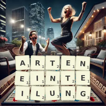 Kreative Illustration für ein Scrabble-Spiel, bei dem das Wort ARTENEINTEILUNG mit Steinen auf dem Brett gelegt wurde.