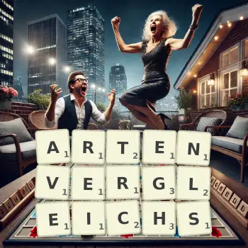 Kreative Illustration für ein Scrabble-Spiel, bei dem das Wort ARTENVERGLEICHS mit Steinen auf dem Brett gelegt wurde.
