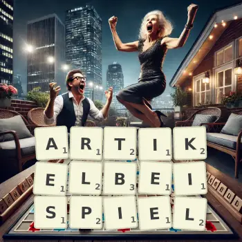 Kreative Illustration für ein Scrabble-Spiel, bei dem das Wort ARTIKELBEISPIEL mit Steinen auf dem Brett gelegt wurde.
