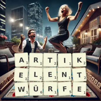 Kreative Illustration für ein Scrabble-Spiel, bei dem das Wort ARTIKELENTWÜRFE mit Steinen auf dem Brett gelegt wurde.