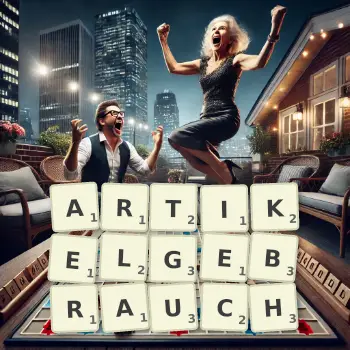 Kreative Illustration für ein Scrabble-Spiel, bei dem das Wort ARTIKELGEBRAUCH mit Steinen auf dem Brett gelegt wurde.