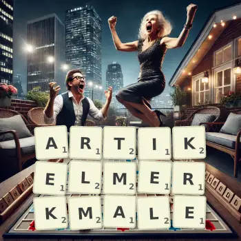 Kreative Illustration für ein Scrabble-Spiel, bei dem das Wort ARTIKELMERKMALE mit Steinen auf dem Brett gelegt wurde.