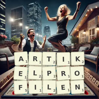 Kreative Illustration für ein Scrabble-Spiel, bei dem das Wort ARTIKELPROFILEN mit Steinen auf dem Brett gelegt wurde.