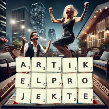 Kreative Illustration für ein Scrabble-Spiel, bei dem das Wort ARTIKELPROJEKTE mit Steinen auf dem Brett gelegt wurde.