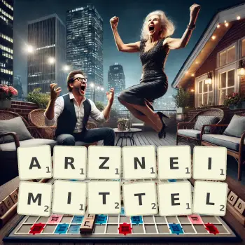 Kreative Illustration für ein Scrabble-Spiel, bei dem das Wort ARZNEIMITTEL mit Steinen auf dem Brett gelegt wurde.