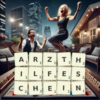 Kreative Illustration für ein Scrabble-Spiel, bei dem das Wort ARZTHILFESCHEIN mit Steinen auf dem Brett gelegt wurde.
