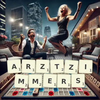 Kreative Illustration für ein Scrabble-Spiel, bei dem das Wort ARZTZIMMERS mit Steinen auf dem Brett gelegt wurde.