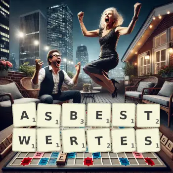 Kreative Illustration für ein Scrabble-Spiel, bei dem das Wort ASBESTWERTES mit Steinen auf dem Brett gelegt wurde.