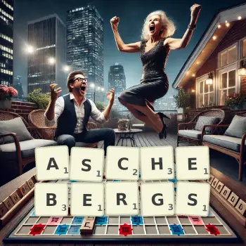 Kreative Illustration für ein Scrabble-Spiel, bei dem das Wort ASCHEBERGS mit Steinen auf dem Brett gelegt wurde.