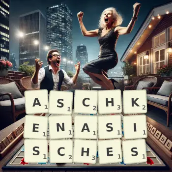 Kreative Illustration für ein Scrabble-Spiel, bei dem das Wort ASCHKENASISCHES mit Steinen auf dem Brett gelegt wurde.