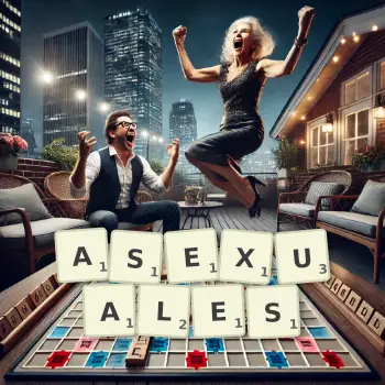 Kreative Illustration für ein Scrabble-Spiel, bei dem das Wort ASEXUALES mit Steinen auf dem Brett gelegt wurde.